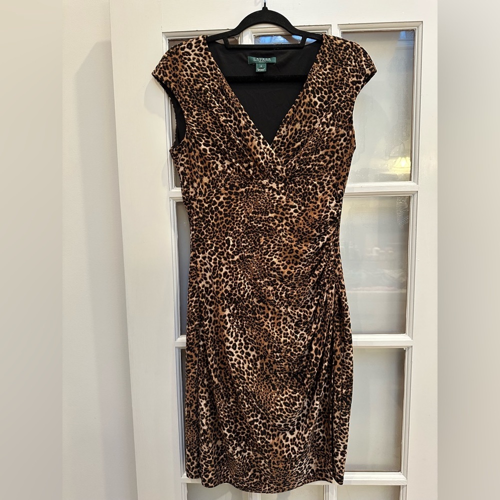 LRL Lauren Ralph Lauren Classic Faux Wrap Ruched Leopard Print Dress Size 8 Med